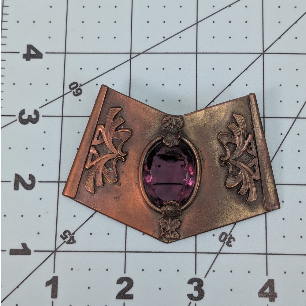 Vintage‎ Copper Tone Shield Brooch Purple Faceted Glass Stone Art Nouveau Style